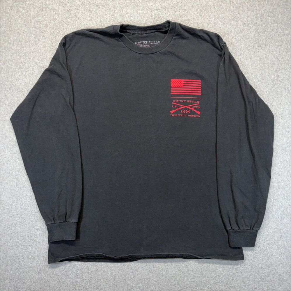 Grunt Style Long Sleeve T-Shirt Men’s L Black Flag Graphic Red Blood Blue Collar